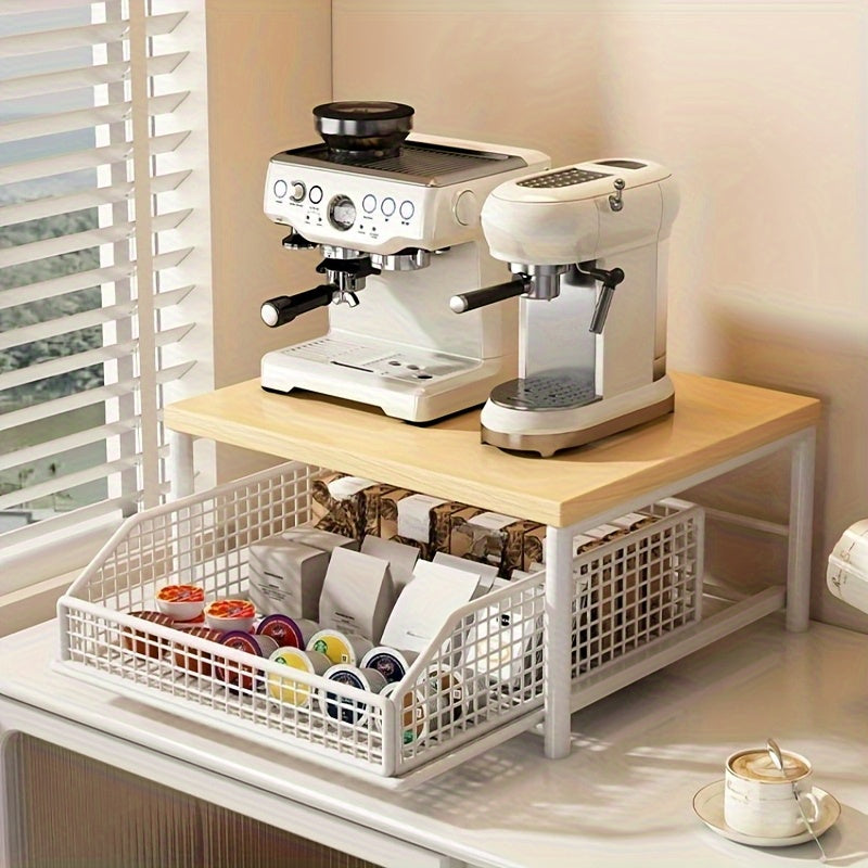 1pc Kitchen Microwave Rack, Floor-standing Organizer, Fixed Shelf, 2 Colors Available, Hardwood & Metal Structure, with Drawer, Modern Design, Durable, Standing Shelf