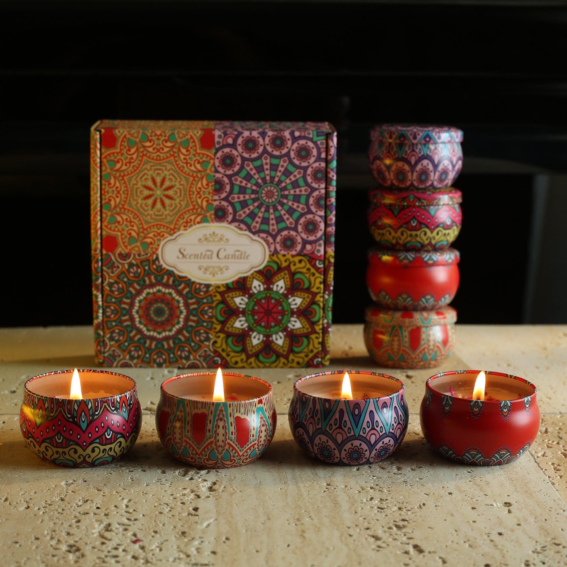 1pc Or 4pcs Bohemian Mandala Style Scented Candles Gift Set for Women, Featuring Four Different Fragrances. Ideal for Women'S Birthdays, Valentine'S Day, Weddings, Anniversaries, Mother'S Day, Thanksgiving And Other Holiday Gifts. Suitable for Spa