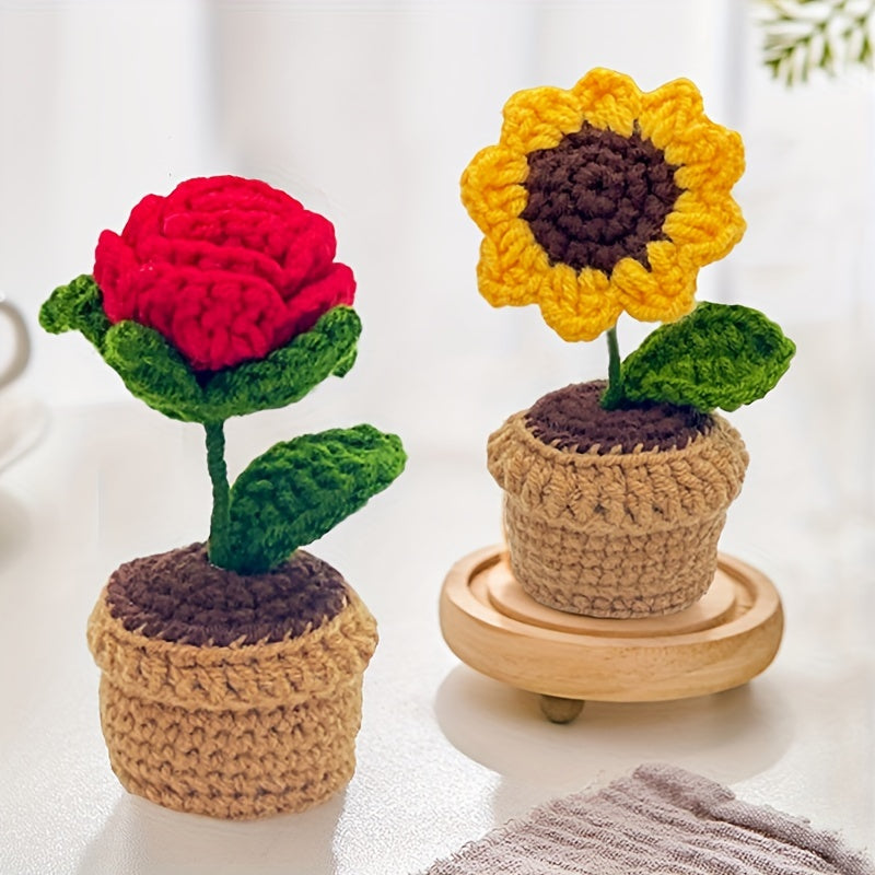 Handmade Crochet Polyester Sunflower Rose Tulip Puff Carnation Miniature Bonsai Car Parts for Living Room Tabletop Decor, No Electricity Needed, Perfect for Christmas, Thanksgiving, Valentine's, Mother'S Day, Graduation Gifts