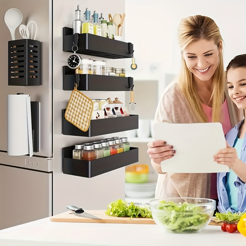 2-Pack Large Magnetic Plastic Storage Baskets for Refrigerator, Microwave, and Washing Machine - Multifunctional Kitchen Organizer, Side Spice Rack Magnetic Holder with No-Drill & Glue Required, Removable Shelf