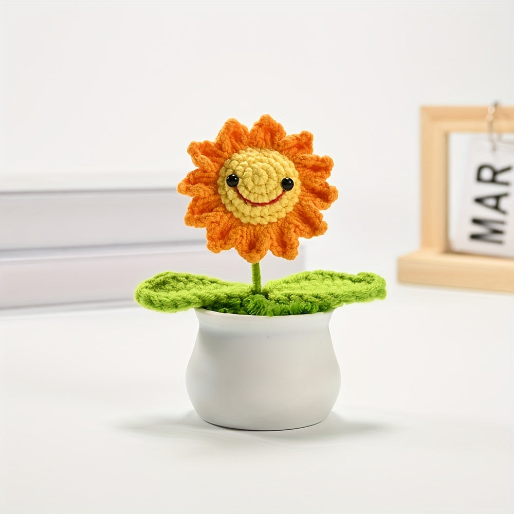 1pc Handmade Crocheted Smiling Sunflower Bonsai Artificial Plant - Vibrant Yellow & Orange Fleeceen Yarn, Realistic Desktop Decor with Pot for Office, Living Room, Bedroom - Thoughtful Gift for Wife, Mother, Girlfriend (Birthday, Christmas, Valentine’s Da