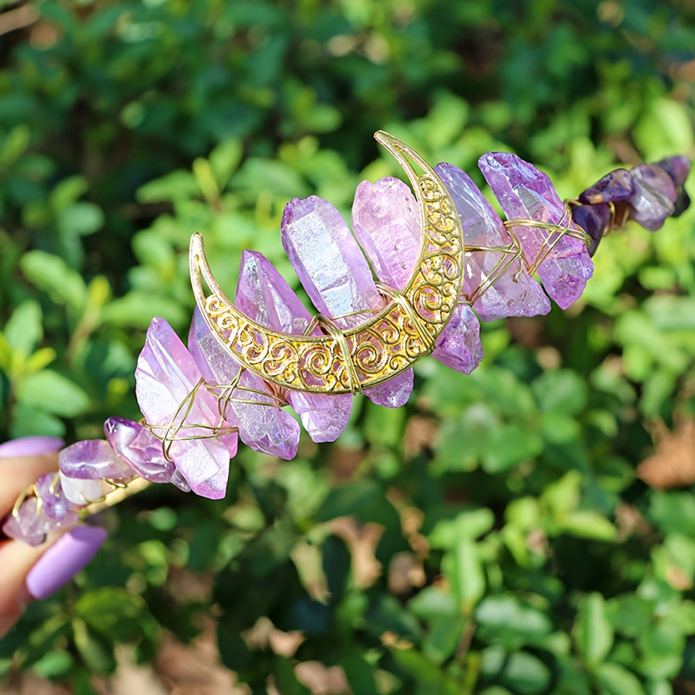 1pc Elegant Natural Crystal Headband - Moon Shaped Hollow Tiara - Chic Hair Jewelry for Special Occasions and Everyday Glamour