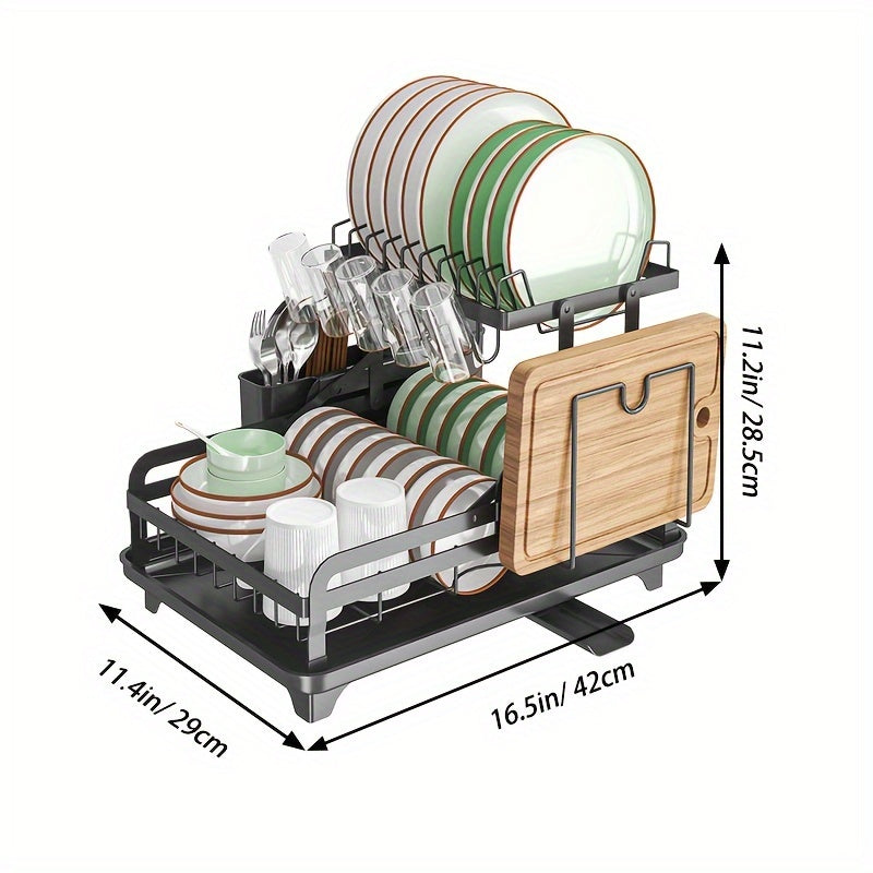 1pc Dish Drying Rack Drainboard, Large 2 Tier Metal Dish Racks with Drainage, Glass Holder, Utensil Holder and Extra Drying Mat, Dish Drainers for Kitchen Counter, Black, White& Grey