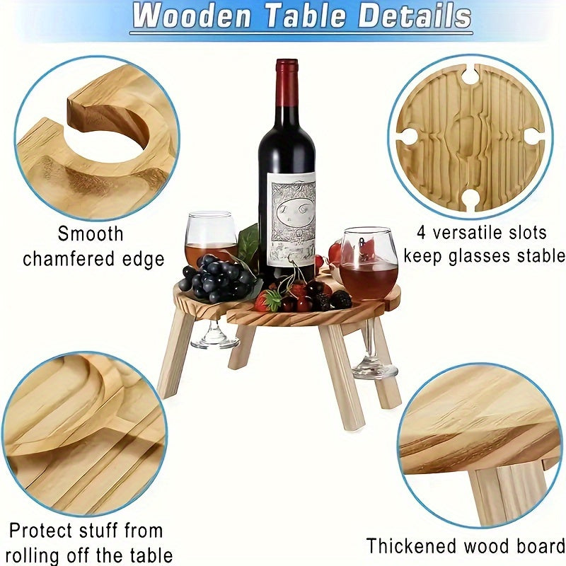 1pc Handmade Wooden Folding Picnic Table with Wine Rack