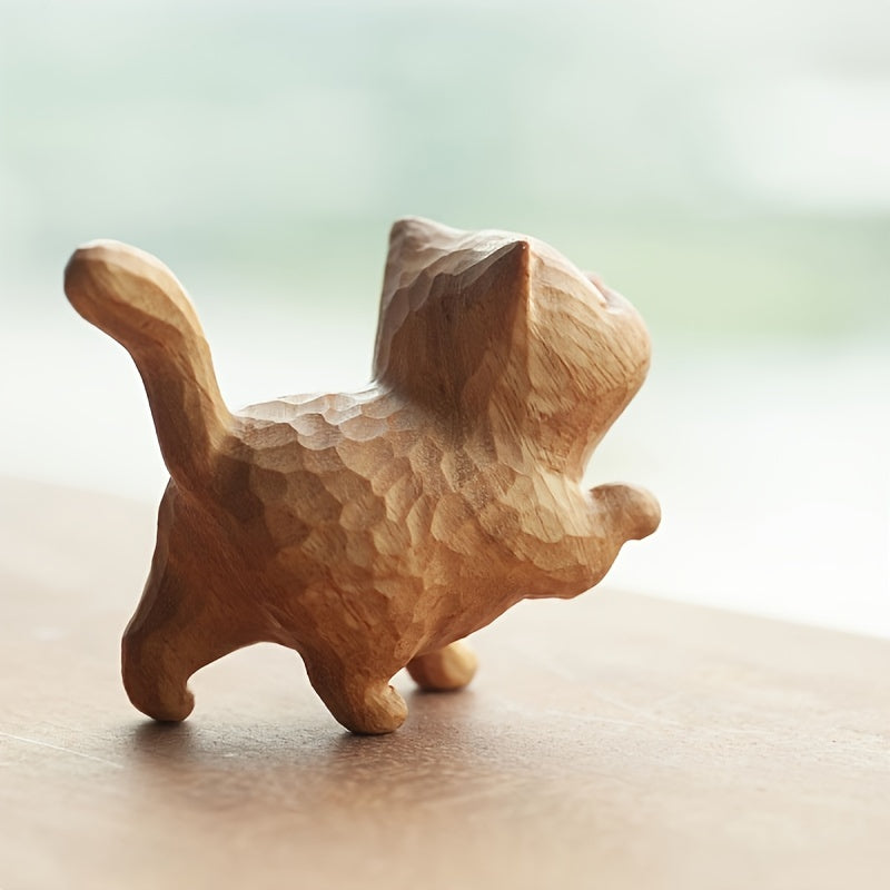1PC Handcrafted Wooden Cat Figurine, Chisel Textured Finish, Charming Collectible for Various Room Types - Indoor & Outdoor Display, Electricity-Free Decoration