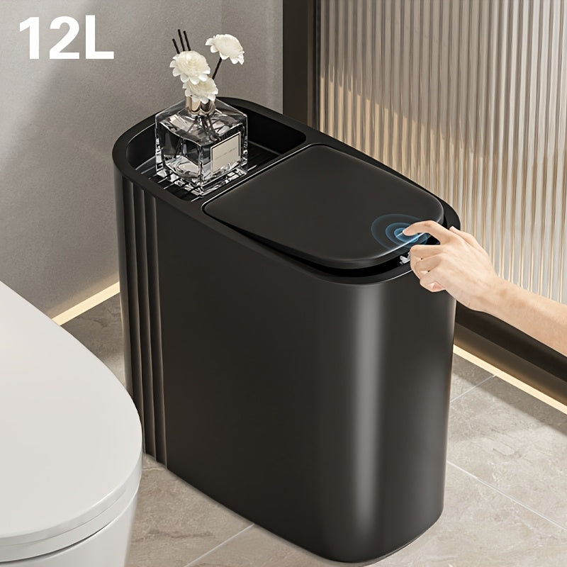 12L Sleek Black Trash Can with One-Click Pop-Up Lid, Odor-Sealing, Oval Plastic Waste Bin for Bathroom & Home - Sleek Design, Durable & Easy to Clean, Bathroom Trash Can