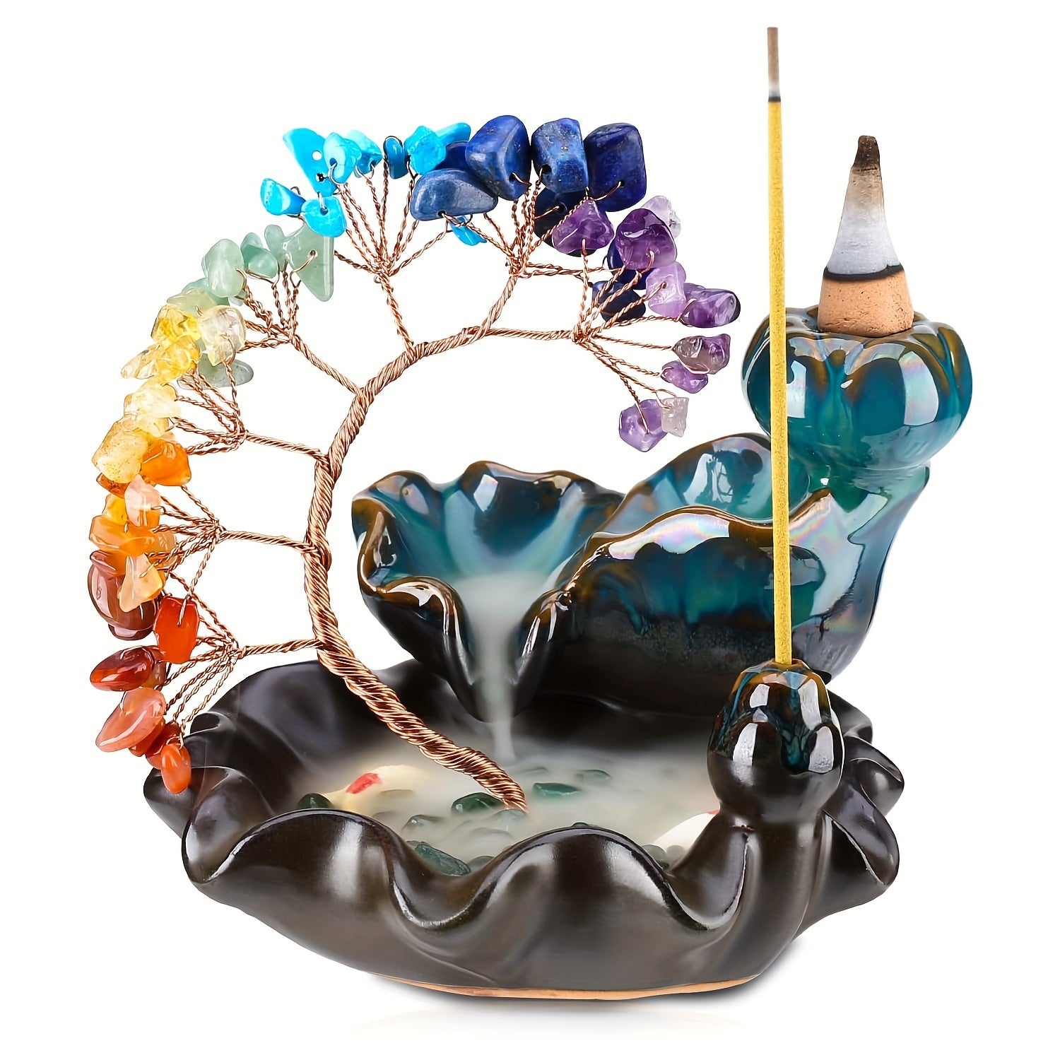 A Ceramic Incense Burner with 7 Flowing Water Crystal Money Trees, Suitable for Yoga Meditation And Home Decoration.