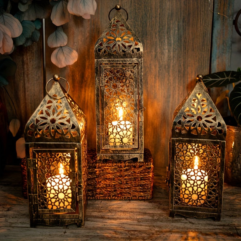2-Pack Iron Metal Moroccan Style Lanterns, Hollow-Out Projection Art Candle Holders for Festive Tabletop Decor, Halloween, Valentine's, Thanksgiving, Christmas, Home & Kitchen
