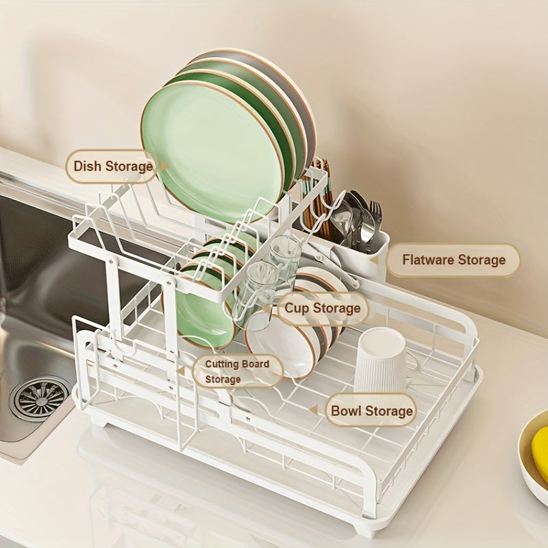 1pc Dish Drying Rack Drainboard, Large 2 Tier Metal Dish Racks with Drainage, Glass Holder, Utensil Holder and Extra Drying Mat, Dish Drainers for Kitchen Counter, Black, White& Grey