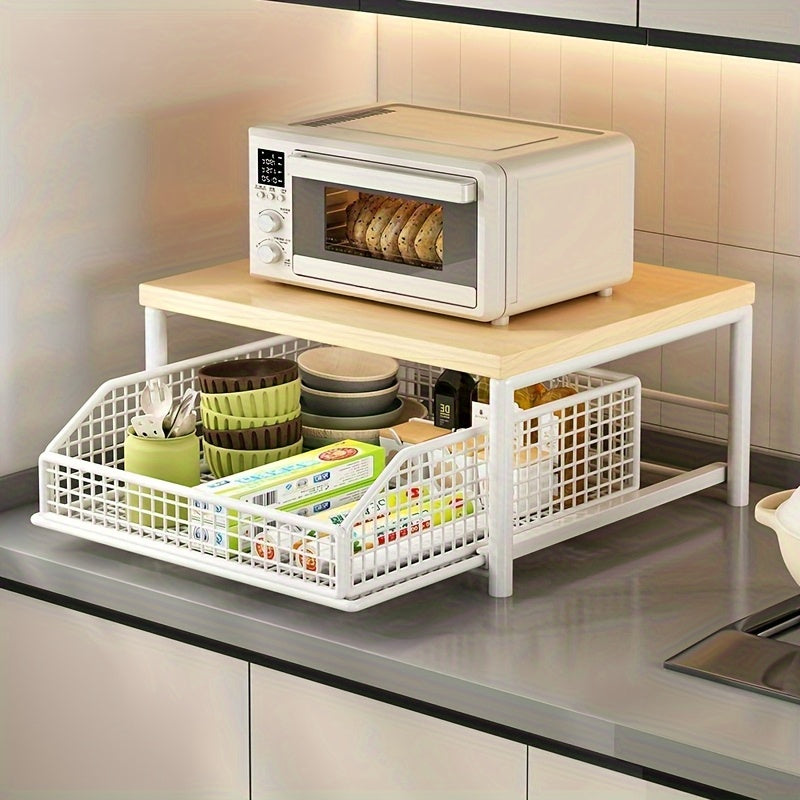 1pc Kitchen Microwave Rack, Floor-standing Organizer, Fixed Shelf, 2 Colors Available, Hardwood & Metal Structure, with Drawer, Modern Design, Durable, Standing Shelf