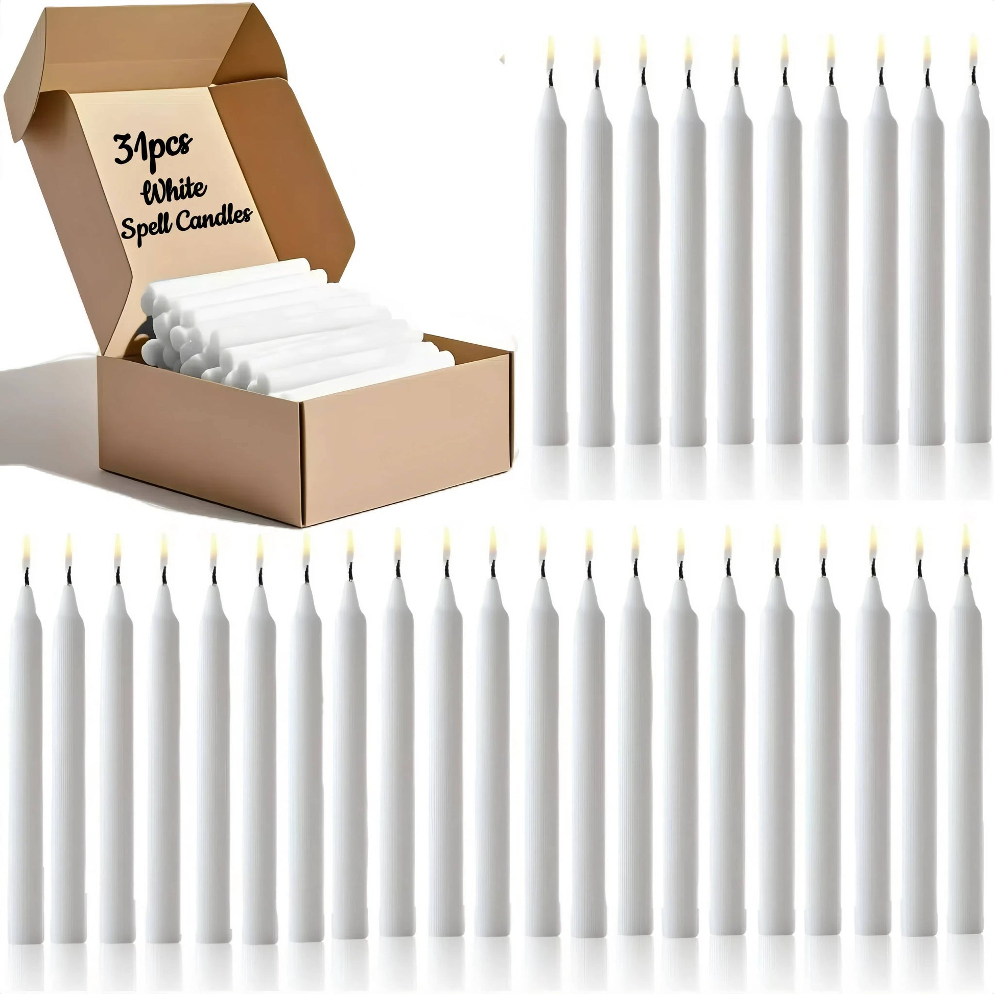Set of 31 White Spell& Chime - Premium Mini Taper Candles for Rituals, Prayer, Birthdays, Meditation, Altar- 10.16 cm Tall, Unscented(White)