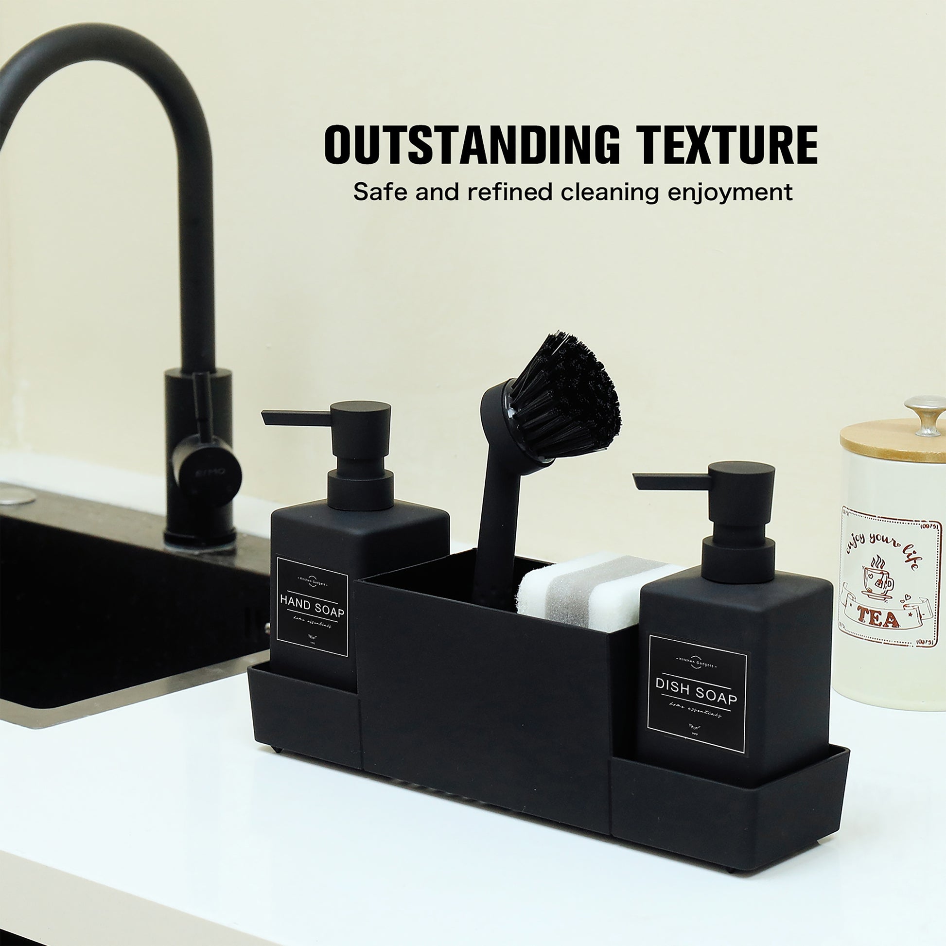 1 Set Black Double Soap Dispenser with Sponge Holder And Dish Brush for Kitchen Sink Countertop, Freestanding Plastic, Phthalate-Free, No Electricity Needed