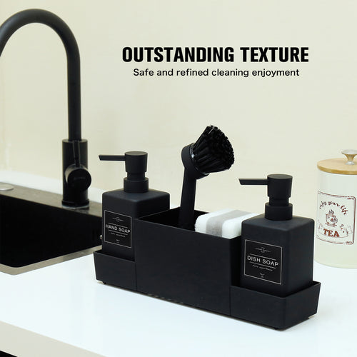 1 Set Black Double Soap Dispenser with Sponge Holder And Dish Brush for Kitchen Sink Countertop, Freestanding Plastic, Phthalate-Free, No Electricity Needed