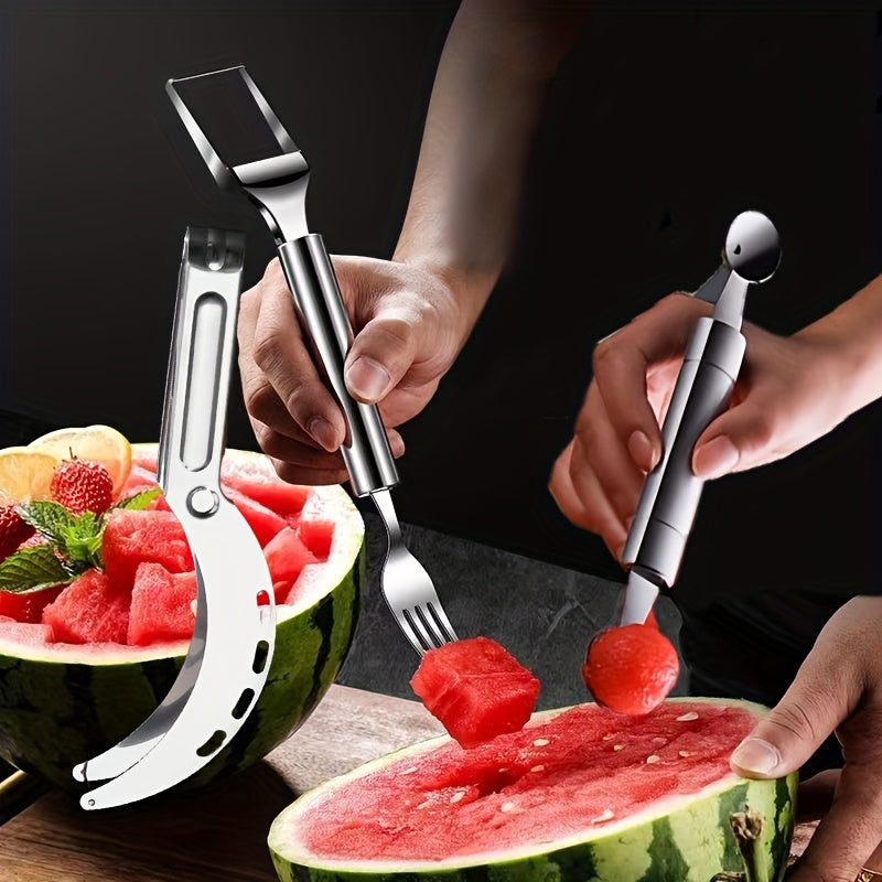 3pcs Set Stainless Steel Watermelon Slicer and Baller, Easy Cut Fruit Cutter, Summer Melon Dicing and Scooping Tool, Metal Kitchen Gadgets for Watermelon and Other Fruits