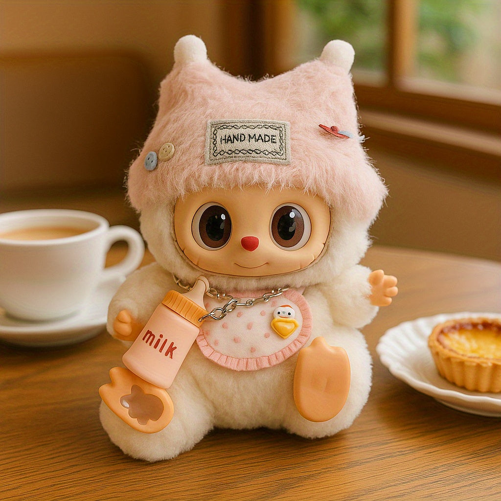 Adorable Outfit Set Suitable for 6.69-inch LabubuDoll, Pink and White Cream Style with Cat Ear Hat + Bib + Bottle Charm Combo (Doll and Shoes Not Included)