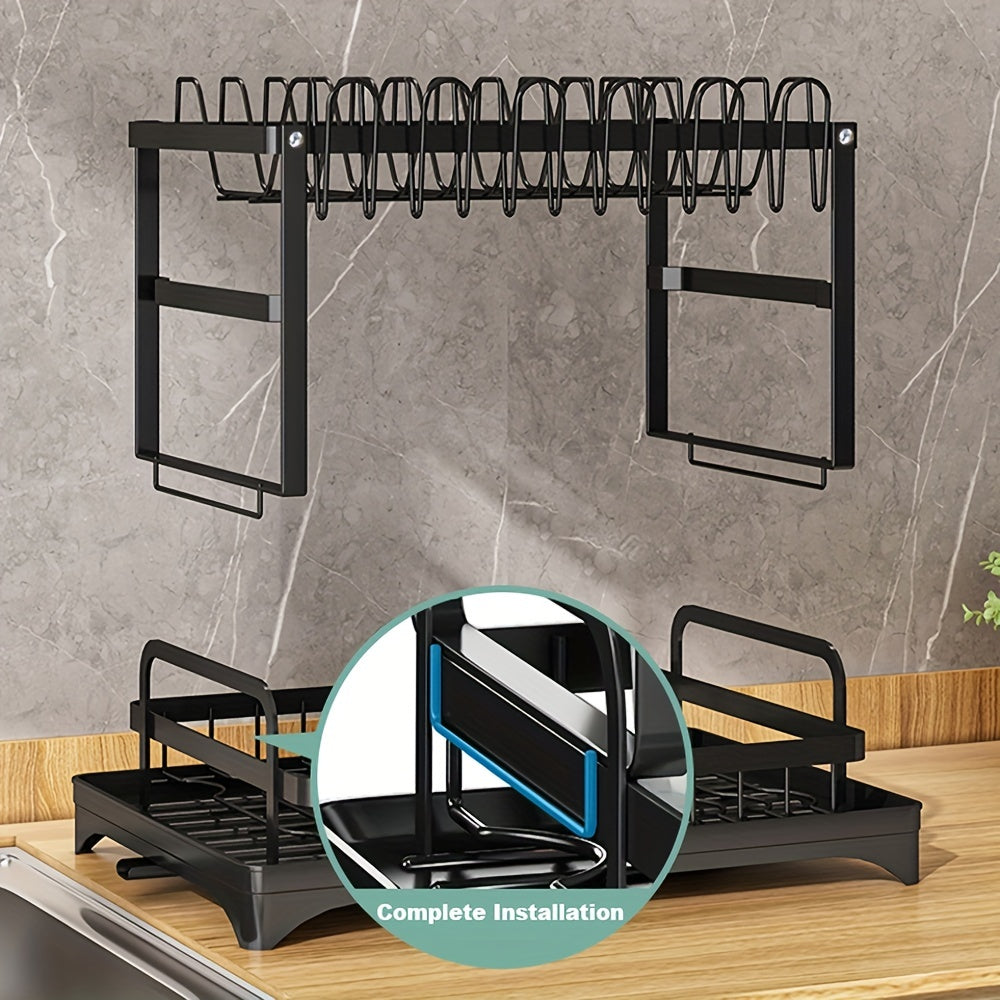 1pc Large Capacity 2-Tier Dish Drying Rack with Drainboard, Double-Layer Bowl & Cup Rack, Detachable Over The Sink Organizer for Kitchen Counter, Black & White - Ideal for Plates, Bowls, Cups & Cutlery Storage, Dish Drying Rack