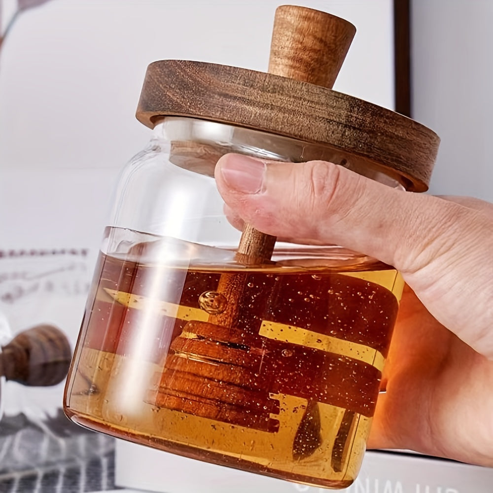 Deluxe Glass Honey Jar with Wooden Dipper and Lid