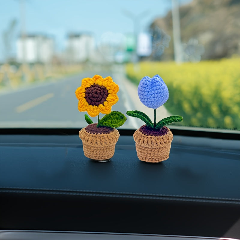 Handmade Crochet Polyester Sunflower Rose Tulip Puff Carnation Miniature Bonsai Car Parts for Living Room Tabletop Decor, No Electricity Needed, Perfect for Christmas, Thanksgiving, Valentine's, Mother'S Day, Graduation Gifts