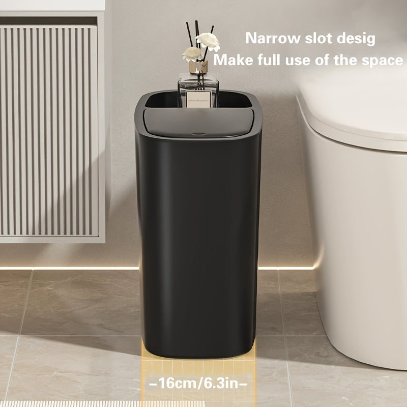 12L Sleek Black Trash Can with One-Click Pop-Up Lid, Odor-Sealing, Oval Plastic Waste Bin for Bathroom & Home - Sleek Design, Durable & Easy to Clean, Bathroom Trash Can