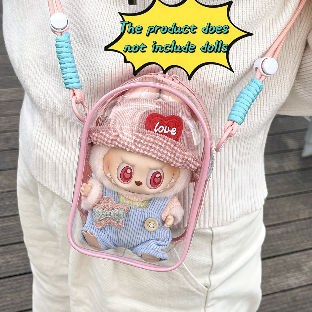 Labubu Is Sitting with a 5.91-Inch Doll Crossbody Cartoon Backpack, a PVC Storage Bag, And Car Curtain Fabric Doll Bag.