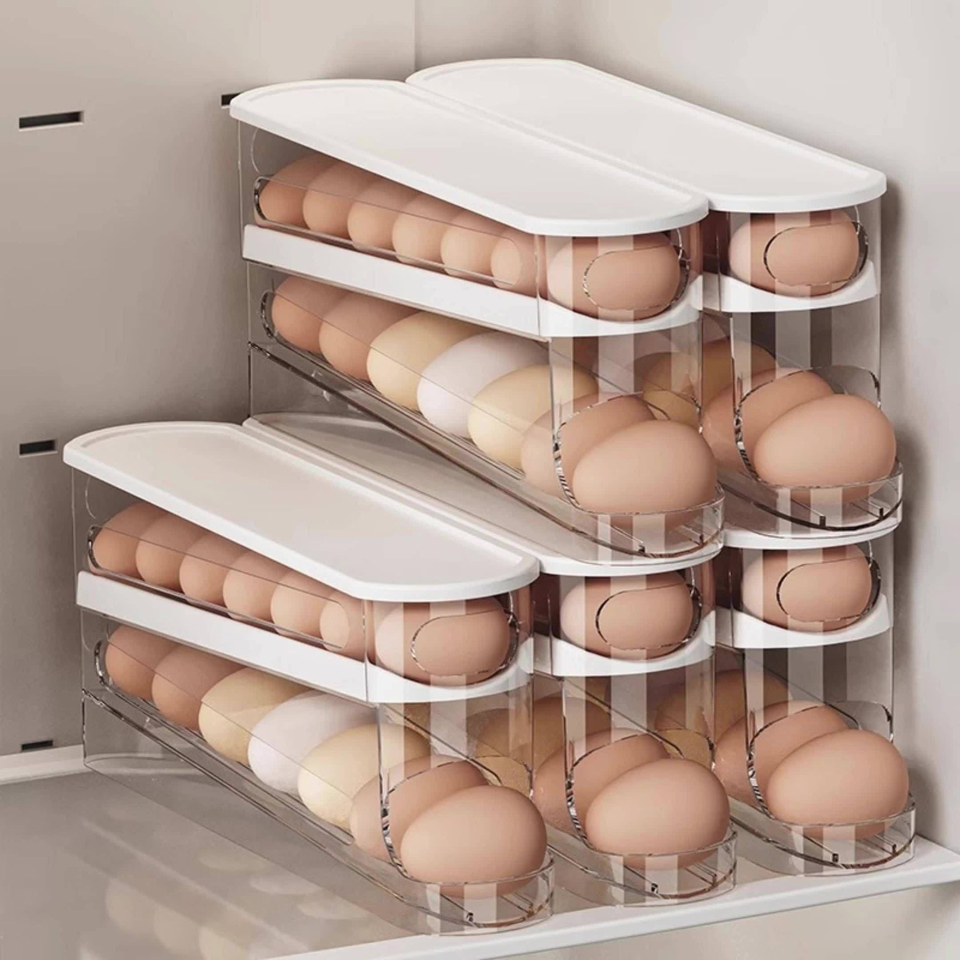 Automatic Double-Layer Fresh Egg Keeper, 12-14 Eggs Sliding Egg Storage Container - Hinged Design, Plastic Material, Non-Contact with Food - Refrigerator Space Saver Egg Rack for Kitchen