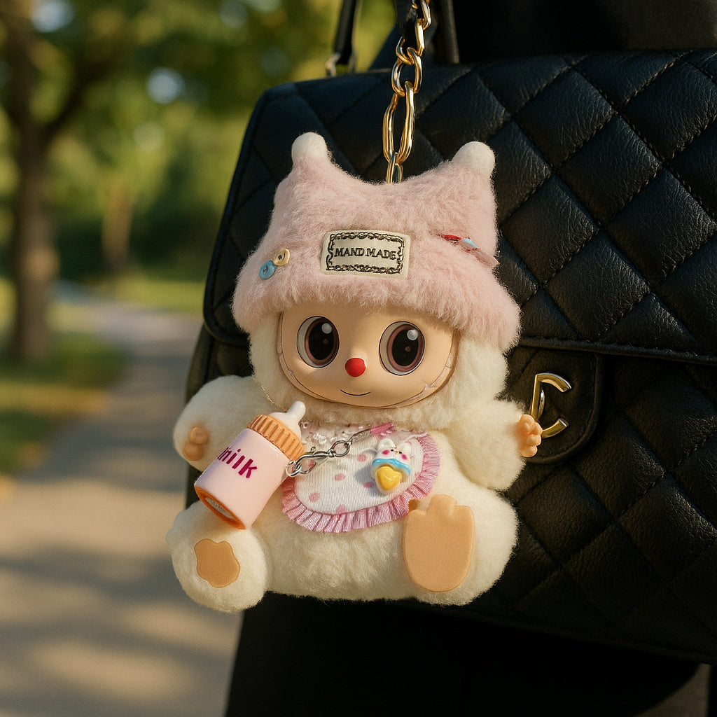 Adorable Outfit Set Suitable for 6.69-inch LabubuDoll, Pink and White Cream Style with Cat Ear Hat + Bib + Bottle Charm Combo (Doll and Shoes Not Included)