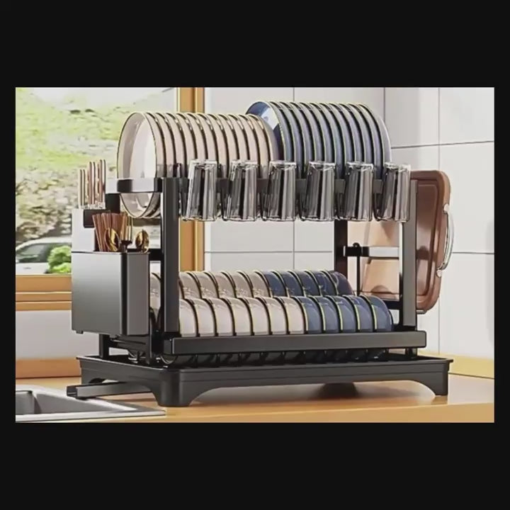 1pc Large Capacity 2-Tier Dish Drying Rack with Drainboard, Double-Layer Bowl & Cup Rack, Detachable Over The Sink Organizer for Kitchen Counter, Black & White - Ideal for Plates, Bowls, Cups & Cutlery Storage, Dish Drying Rack