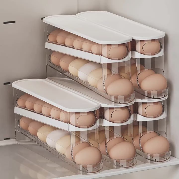 Automatic Double-Layer Fresh Egg Keeper, 12-14 Eggs Sliding Egg Storage Container - Hinged Design, Plastic Material, Non-Contact with Food - Refrigerator Space Saver Egg Rack for Kitchen