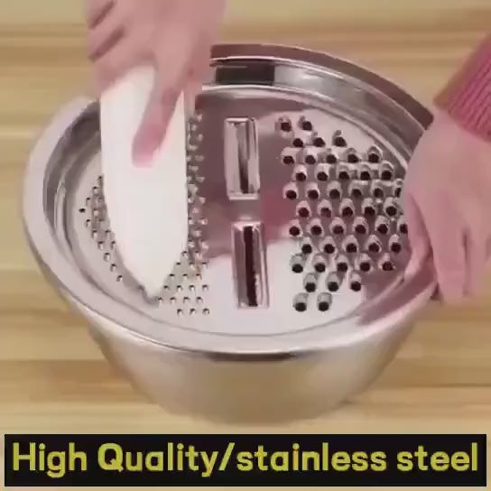 3pcs Stainless Steel Kitchen Set with Integrated Grinder, Multi-Purpose Filter and Mixing Bowl - Ideal for Cleaning and Slicing Fruits, Vegetables, and Cheese | Food Safety with Drainage System, Perfect for Home Cooking, Kitchen Grinder