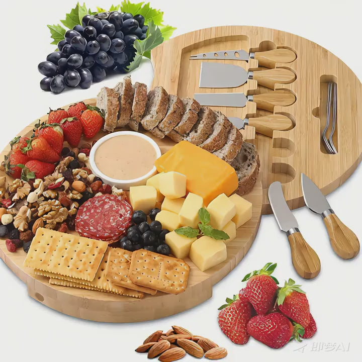 1set Bamboo Cheese Board With Knife And Fork