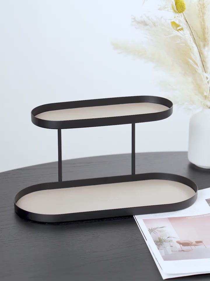 Versatile Double-Layer Oval Metal Storage Rack with Faux Leather Pad