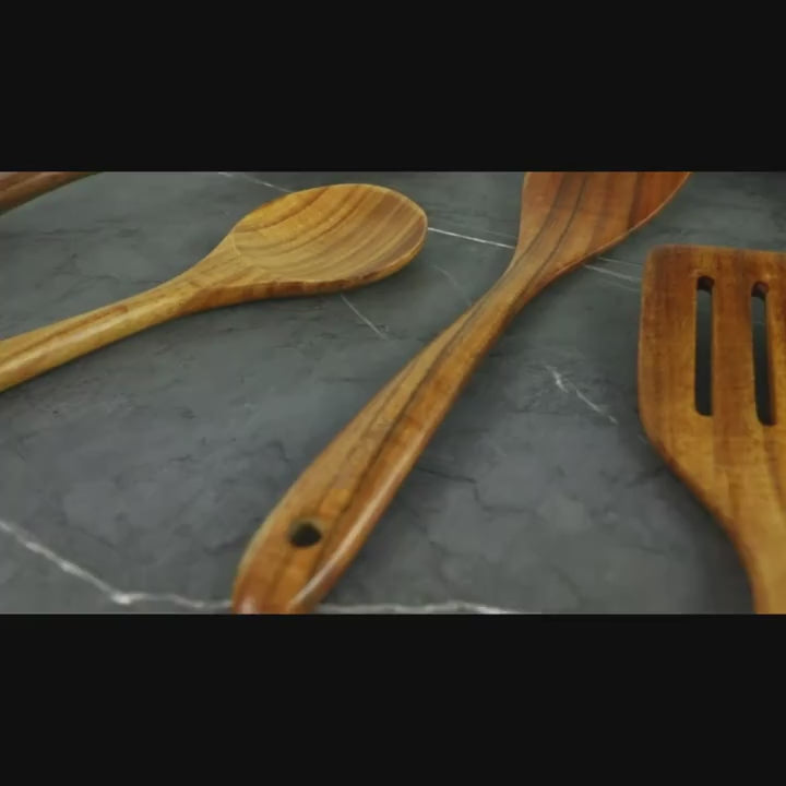 AIUHI 5pcs Wooden Kitchen Utensils Set, Wooden Spoons Natural Spurtle Set for Non-stick Pan Kitchen Tool Ladle and Wok Spatulas