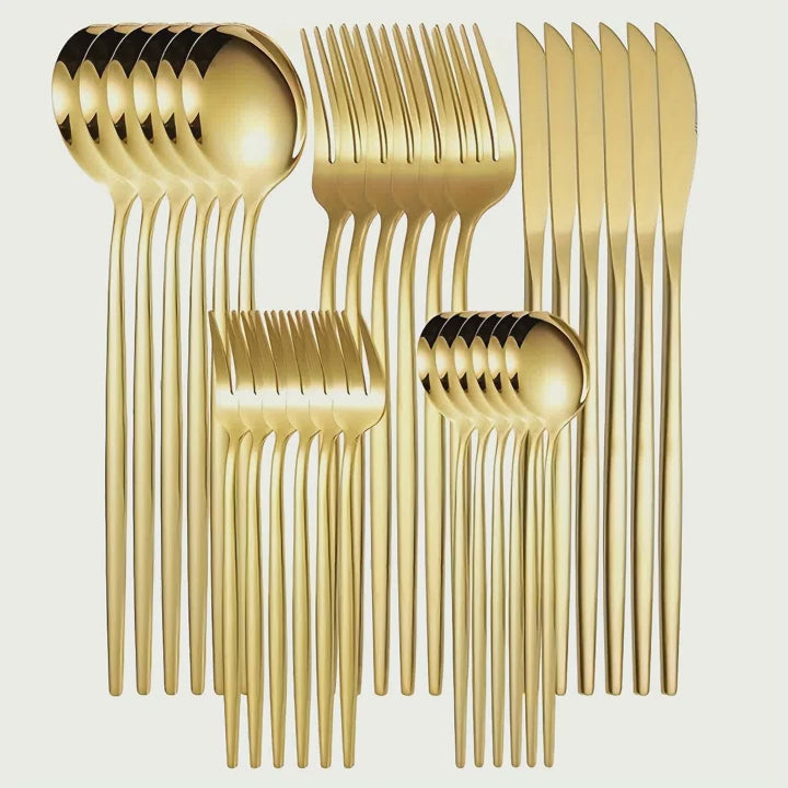 Elegant 30pcs Golden Stainless Steel Cutlery Set - Includes Knives, Forks, Spoons & Dessert Spoons - Dishwasher Safe for Home, Kitchen, Restaurants, Hotels, Parties, Thanksgiving, Easter, Christmas & Weddings, High-grade, Utensil Set